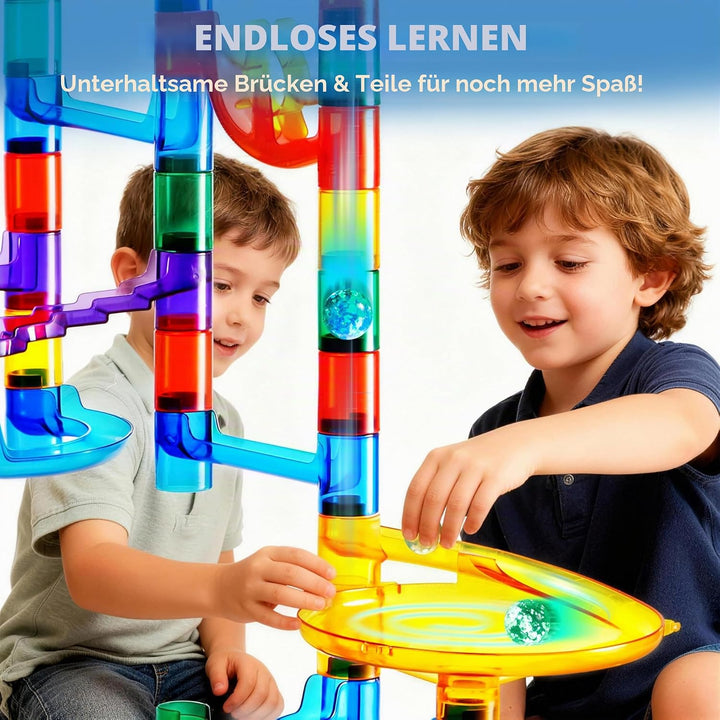 JOYIN 150 Stück Mehrfarbige Murmelbahn Marble Run Set mit 100 Bahnelementen und 50 Glasmurmeln, Kuge