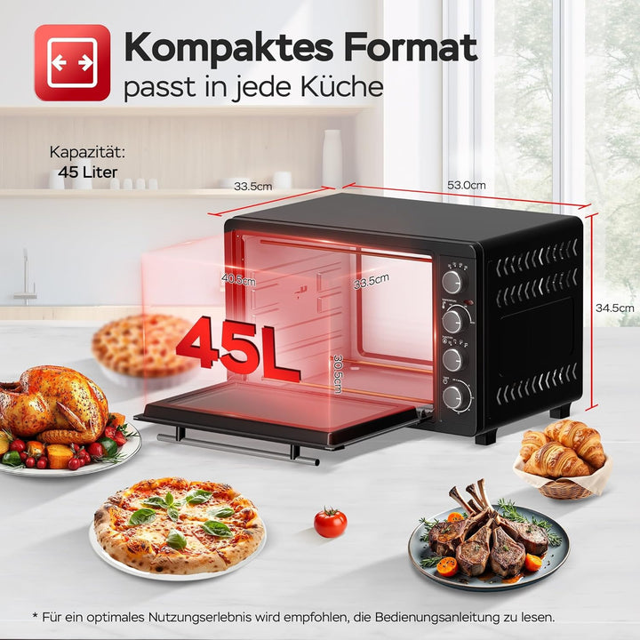 TurboTronic Minibackofen mit Umluft 45L schwarz 2000W, Drehspiess, Timer, Mini Backofen, Pizzaofen,