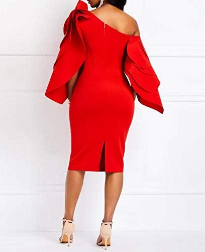 VERWIN figurbetontes Kleid für Damen, langärmlig, knielang, Rüschen, Ärmel, schulterfrei XXL Rot, XX