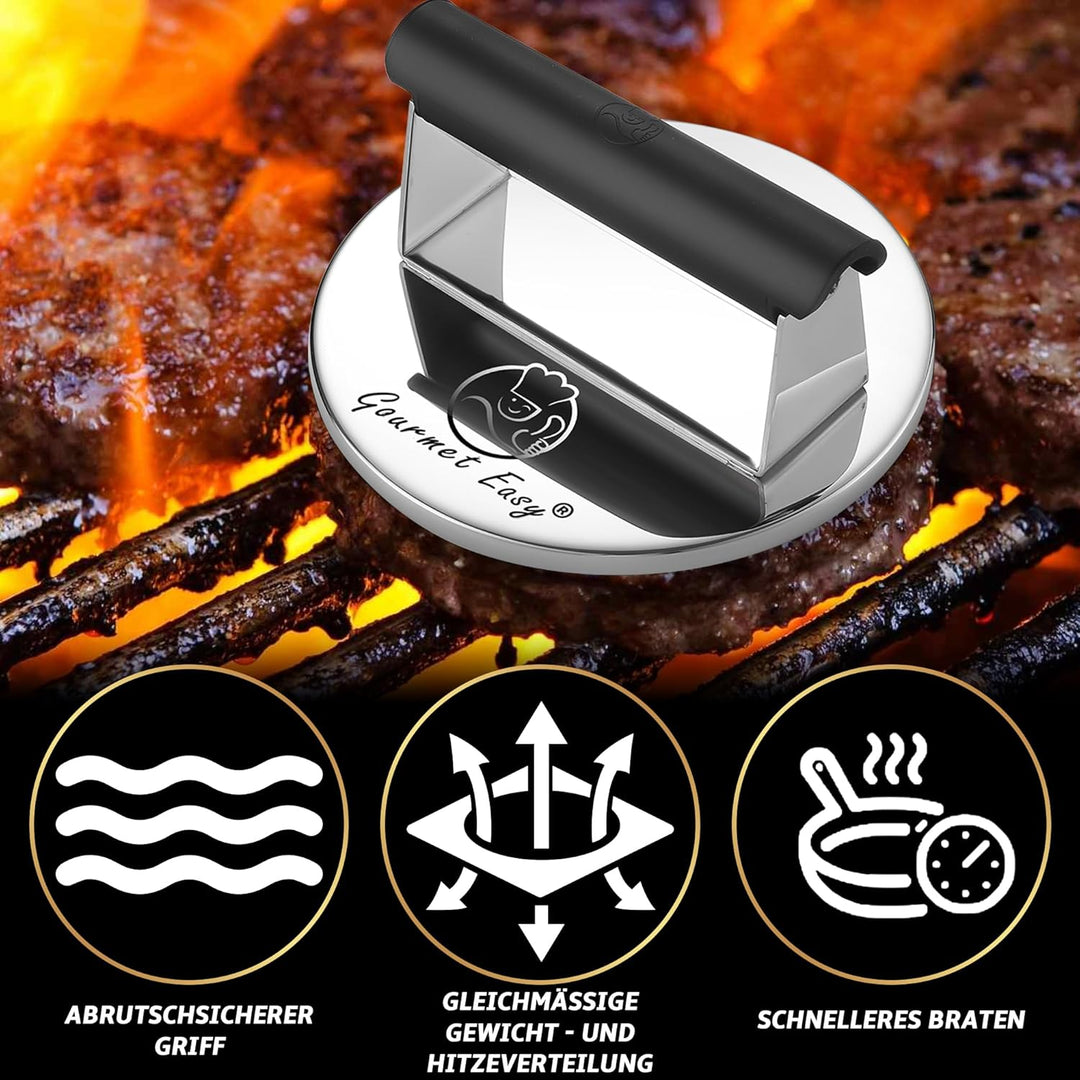 Burgerpresse Edelstahl | Burger Smasher mit hitzeresistentem Griff | Spülmaschinenfeste Burgerpresse