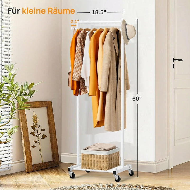 MISSLO Kleine Kleiderständer auf Rollen, Schmal Kleiderstange mit Ablagen, 152 cm Metall Garderobens