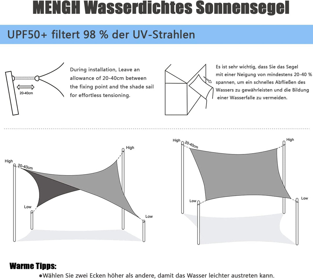 Sonnensegel Wasserdicht Rechteck, wetterbeständig, Premium Polyester, Viele Längen und Breiten Zur A