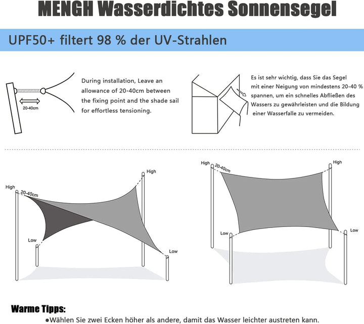 Sonnensegel Wasserdicht Rechteck, wetterbeständig, Premium Polyester, Viele Längen und Breiten Zur A