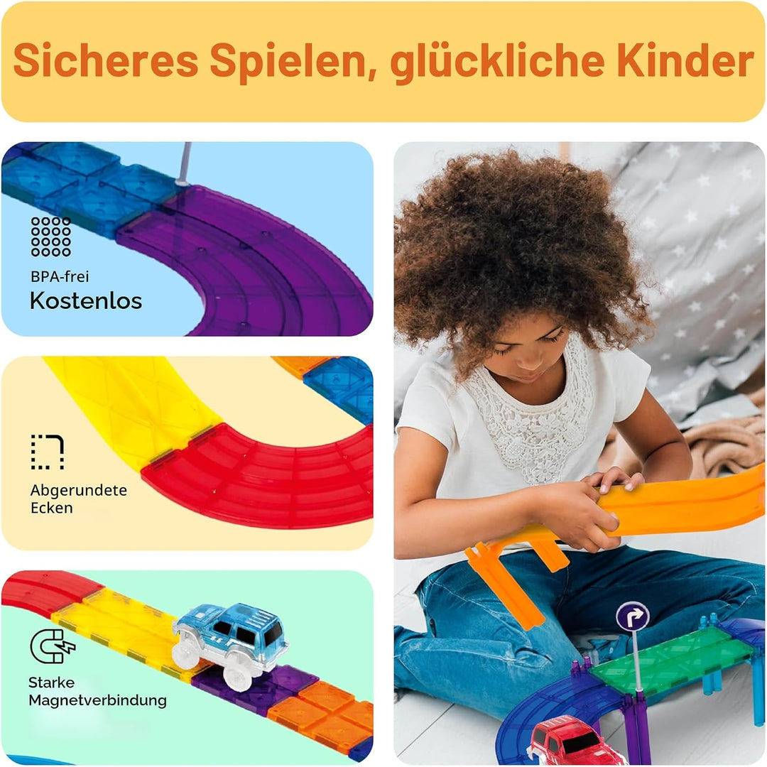 PicassoTiles 80 Stück Rennwagen Bahn Baustein Lernspielzeug Set Magnetische Fliesen Magnet DIY Spiel