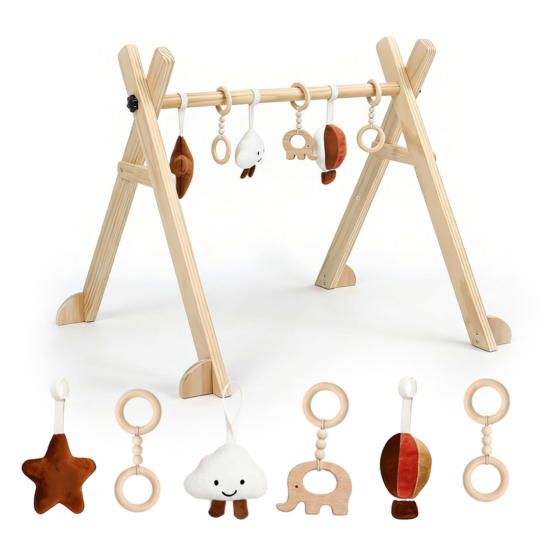 Relaxdays Spielbogen Holz, 6 abnehmbare Anhänger, HBT: 55 x 68 x 59,5 cm, Motorik fördern, Baby Gym,