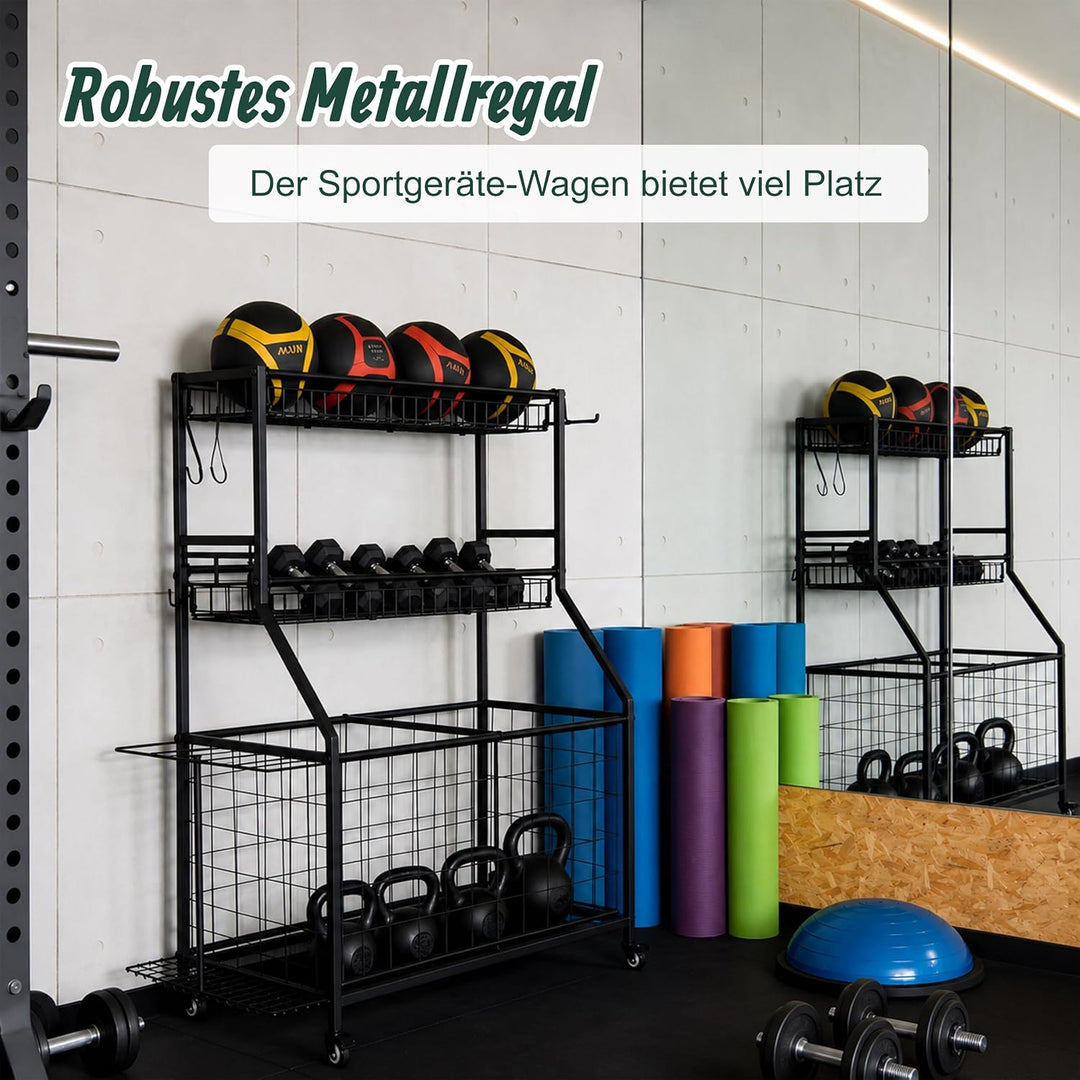 Relaxdays Sportgeräte Aufbewahrung, HBT: 116 x 91,5 x 43 cm, 4 Rollen, mit Bremse, Metall, Ballwagen