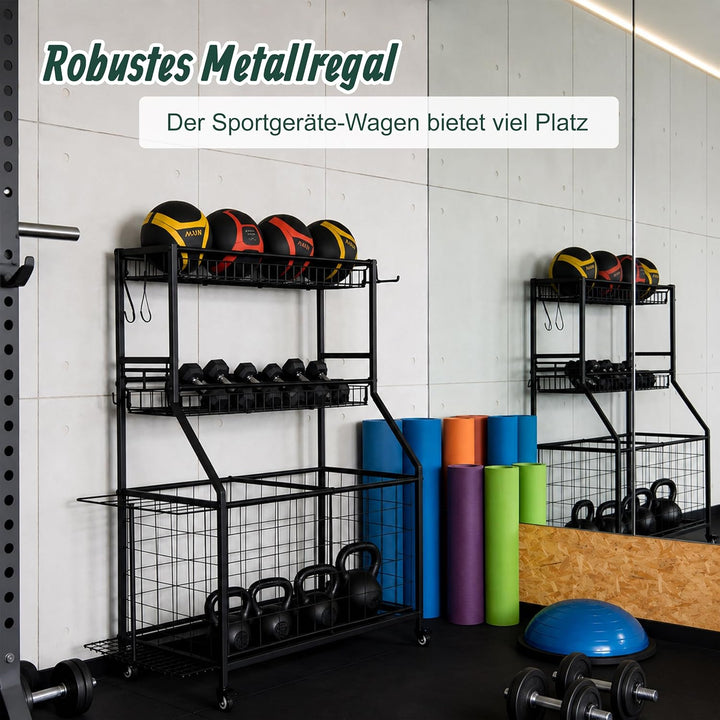 Relaxdays Sportgeräte Aufbewahrung, HBT: 116 x 91,5 x 43 cm, 4 Rollen, mit Bremse, Metall, Ballwagen