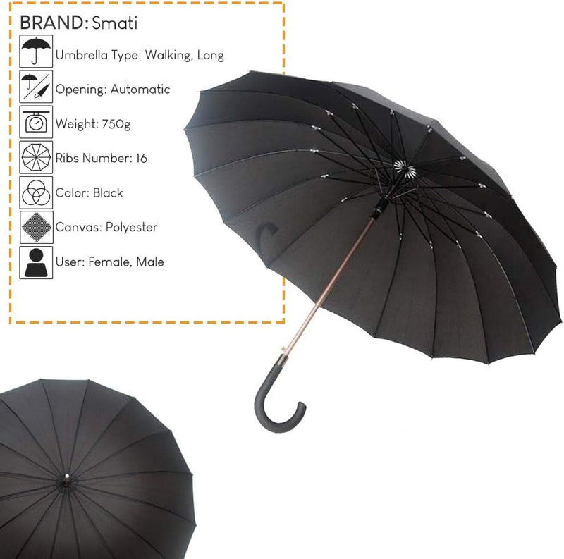 Smati Parapluie long noir automatique - Gentleman 16 baleines fibre de verre Susino Regenschirm, 92