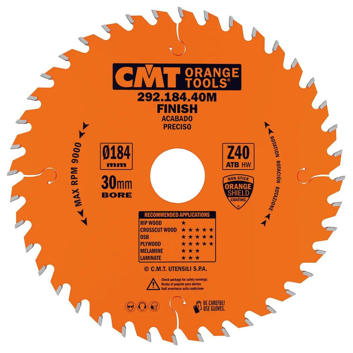 CMT Orange Tools Kreissägeblatt Feinschnitt HW 184 x 2,6 / 1,6 x 16 Z=40 15° ATB - 292.184.40E - für