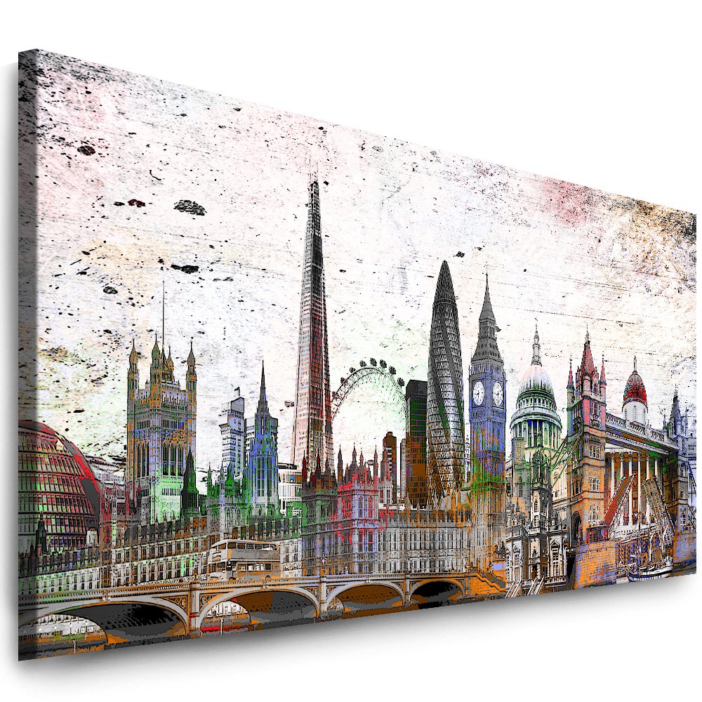 Julia-Art Leinwandbilder - 100 mal 40 cm Panorama Bild London Stadt Skyline - Wandbild fertig gerahm