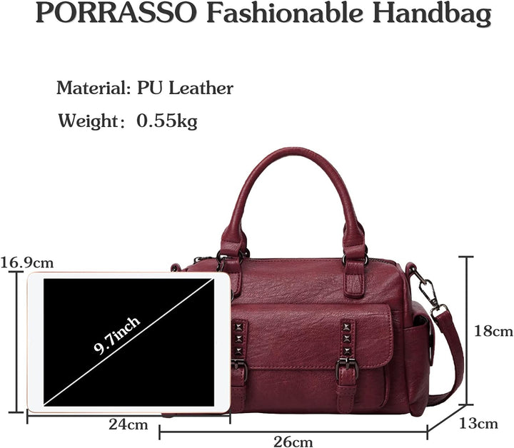 PORRASSO Retro Handtasche Damen Umhängetaschen Frauen Schultertaschen mit Anhänger Wasserdicht PU-Le