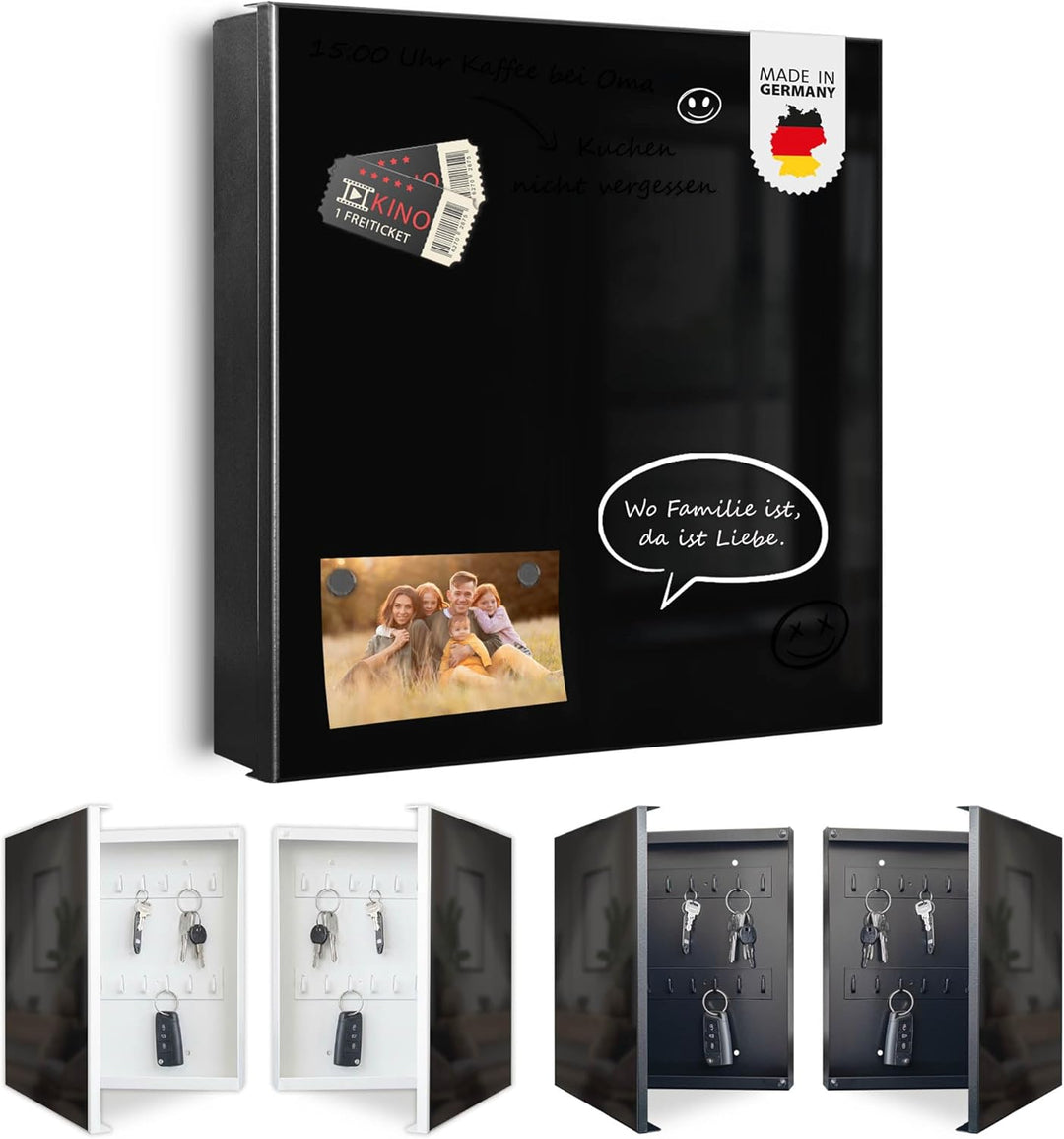 banjado® Grosser Schlüsselkasten Glas/Schlüsselbox 30cm x 30cm mit 50 Haken - Motiv Tiefschwarz/Schl