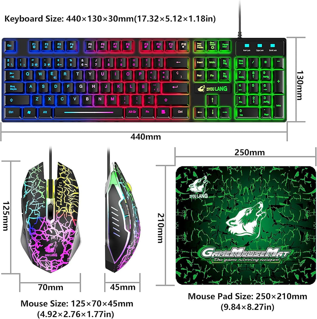 ZIYOU LANG T13 Gaming-Tastatur und Maus-Set [Spanisches QWERTY-Layout], 104 Tasten mit Rainbow LED B