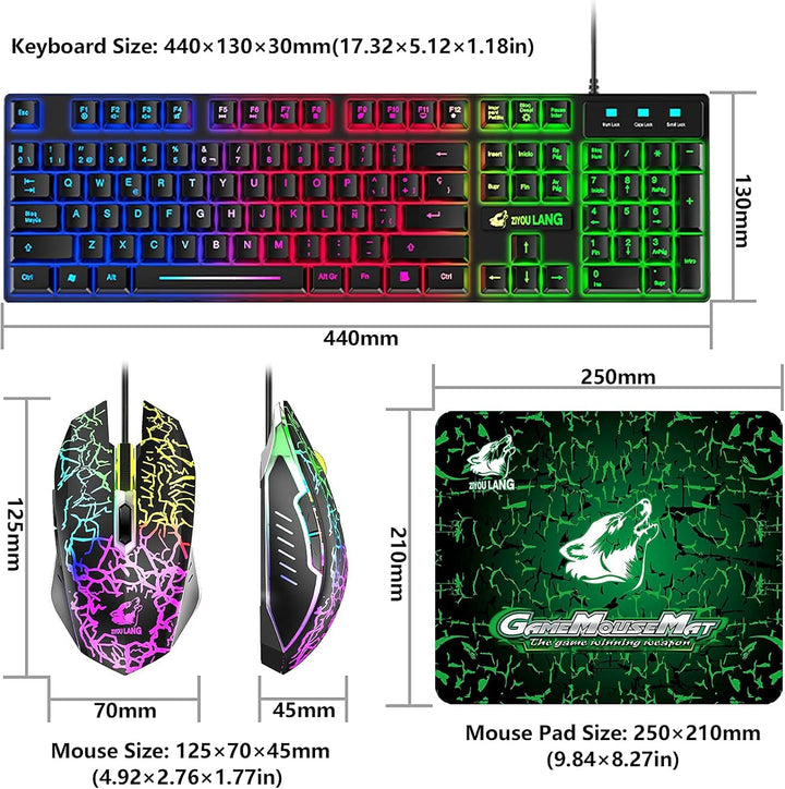 ZIYOU LANG T13 Gaming-Tastatur und Maus-Set [Spanisches QWERTY-Layout], 104 Tasten mit Rainbow LED B