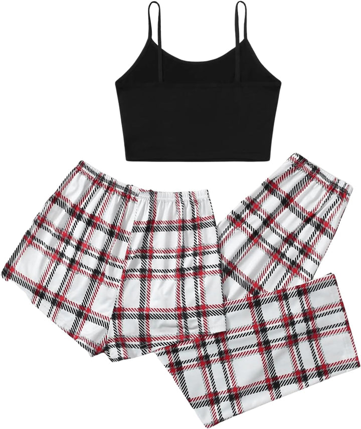 GORGLITTER Damen Schlafanzug 3er Set Cami Schlafanzug Plaid Pajamas Set Nachtwäsche Schlafhose Karie