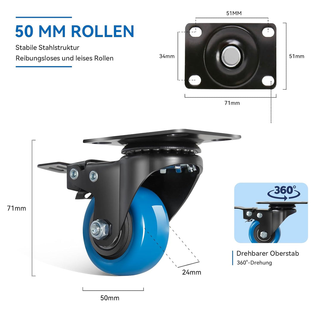 50mm Blaue Möbelrollen - 4er Set Lenkrollen bis 300KG Industrierollen mit Bremsen inklusive Montagez