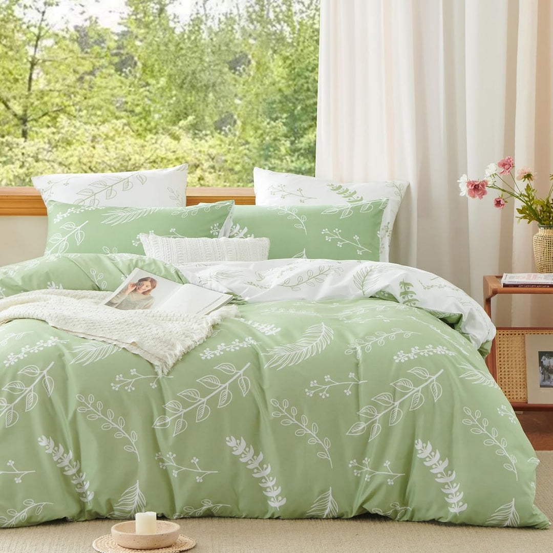 Lanqinglv Bettwäsche 200x220 Grün Weiss Blumen Blätter Wende Bettwäsche Set Pflanzen Bettbezug mit R