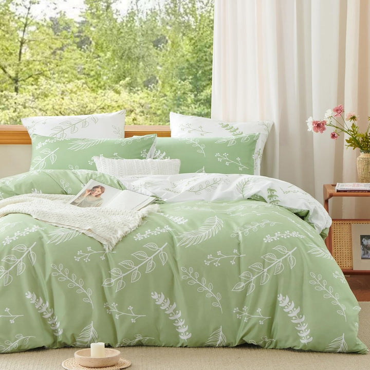 Lanqinglv Bettwäsche 200x220 Grün Weiss Blumen Blätter Wende Bettwäsche Set Pflanzen Bettbezug mit R