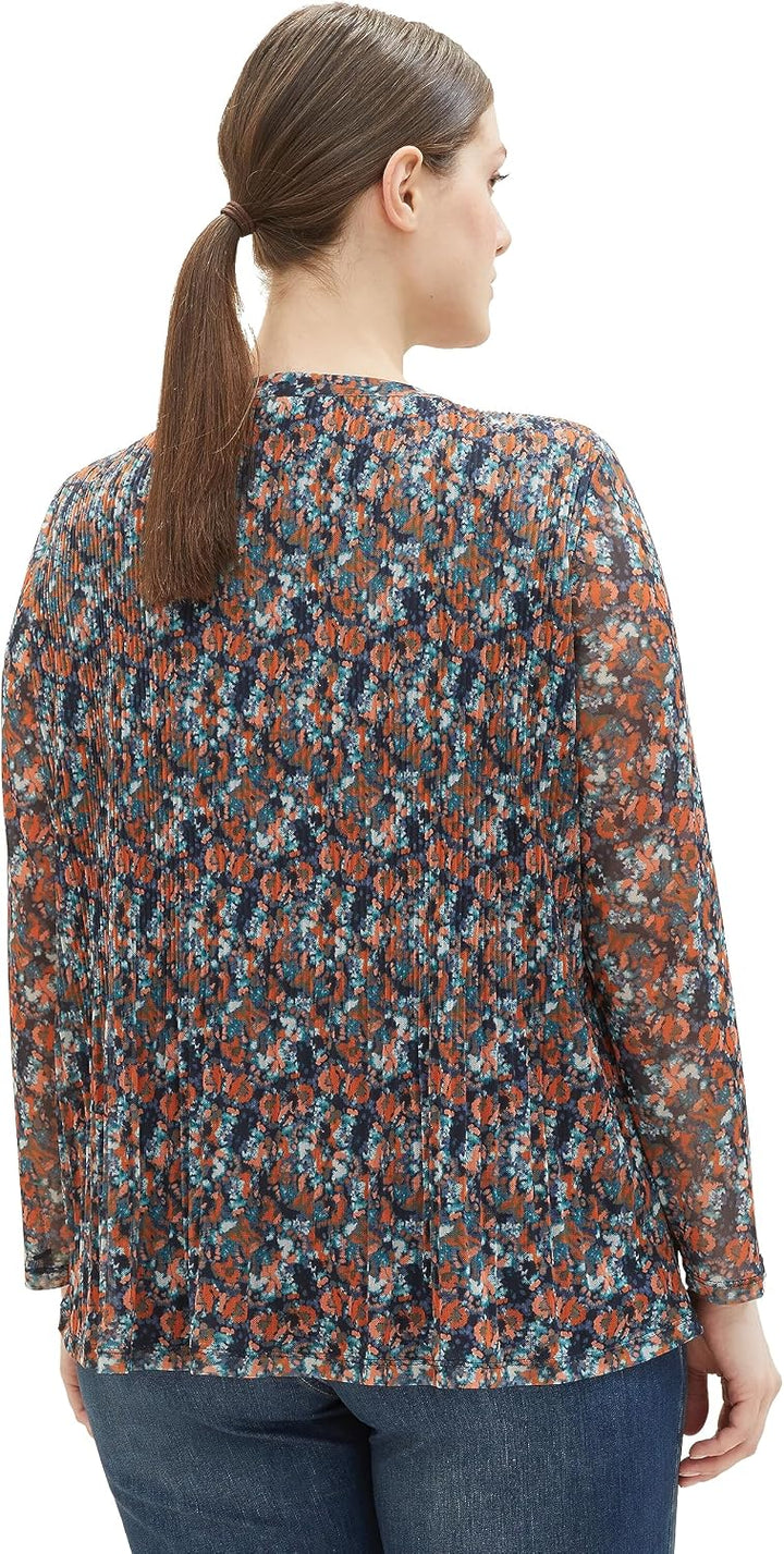 TOM TAILOR Damen 1039920 Mesh-Langarmshirt Bluse mit Muster (1er Pack) 48 32370 - Navy Small Tie Dye