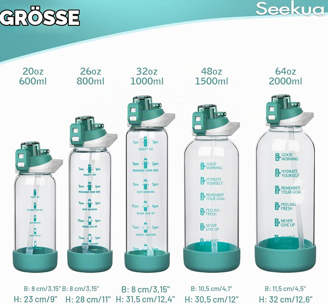 Seekua 0.6l Sport Trinkflasche Glas Flasche mit Strohhalm &amp; Zeitmarkierung für Kinder, Schule 600ml