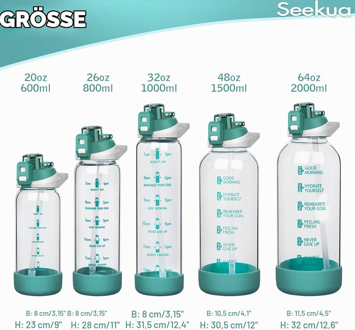 Seekua 0.8l Sport Trinkflasche Glas Flasche mit Strohhalm &amp; Zeitmarkierung 800ml auslaufsicher bpa f