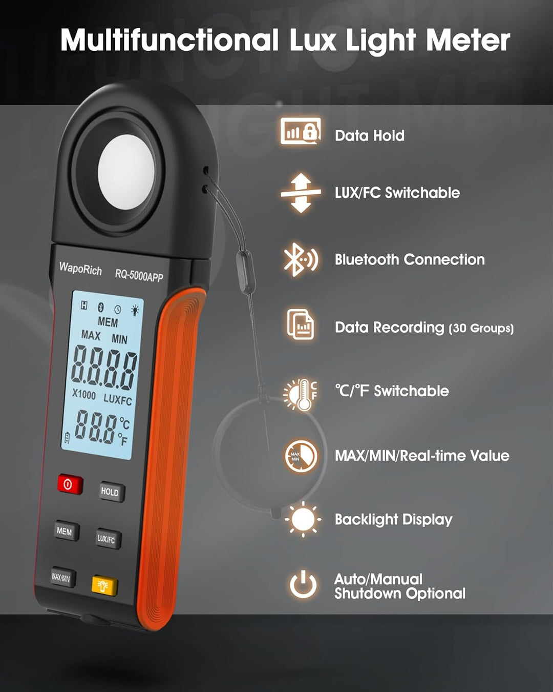 Luxmeter Bluetooth Lichtmessgerät, WapoRich Digital Light Meter Belichtungsmesser Misst 1~400,000Lux