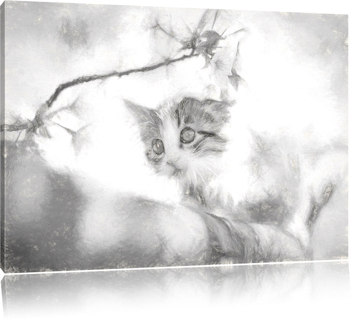 Pixxprint Süsses Kätzchen im Kirschbaum Kunst Kohle Effekt, Format: 100x70 auf Leinwand, XXL riesige