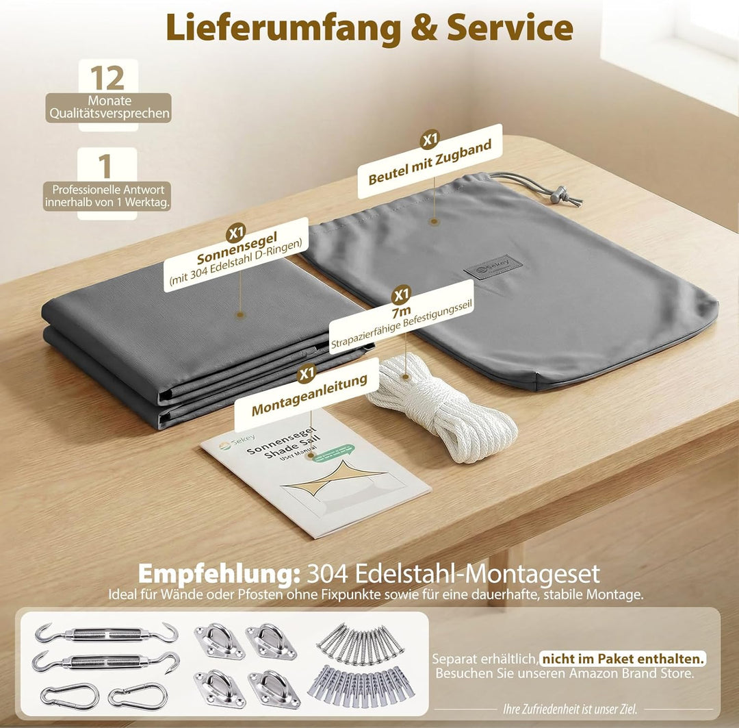 Sekey Sonnensegel Wasserdicht 3x4m Rechteckig, Sonnenschutz hochdichtes PES 160g/m² Wetterfest & Rei