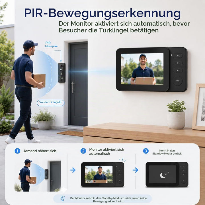Video Türklingel mit Monitor 4,3 Zoll, Kabellose Türklingel mit Kamera, Ohne WLAN &amp; ABO, PIR Bewegun