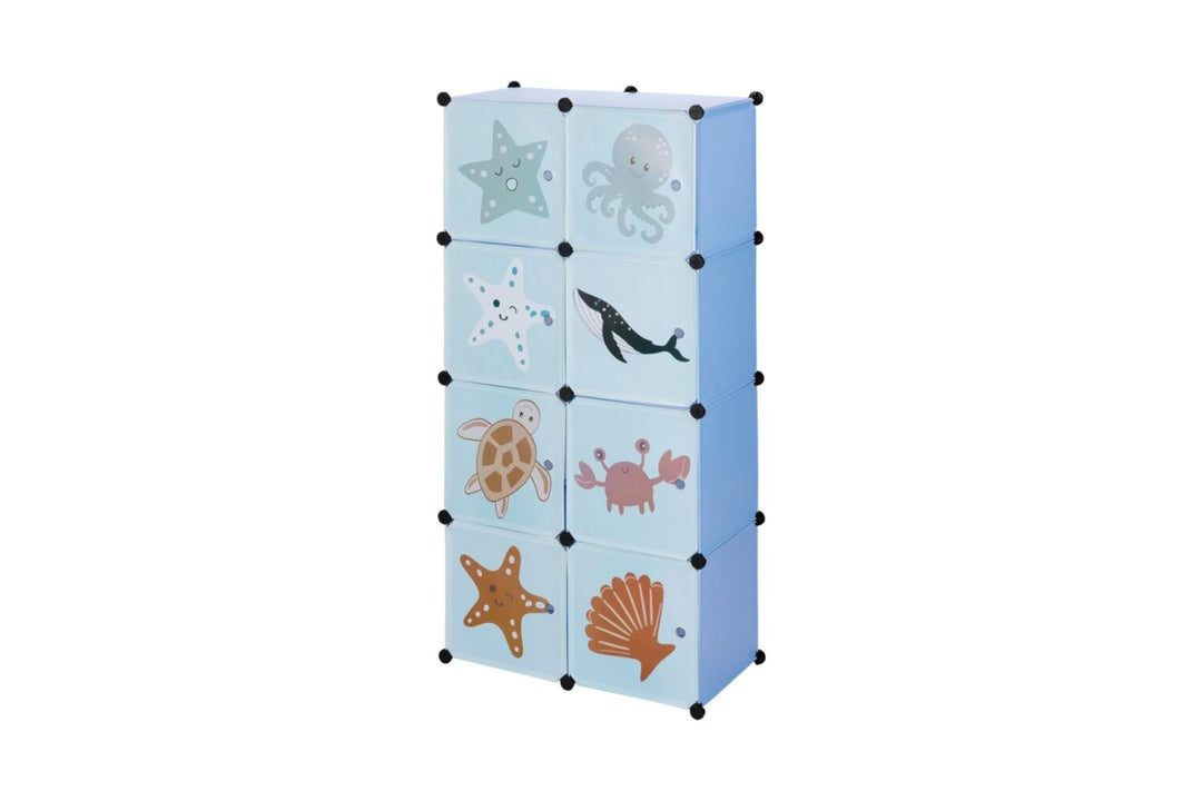 Kinder Steckregal ca. 74 × 36 × 144 cm in Unterwasser-Optik mit 8 verschliessbaren Fächern – Modular