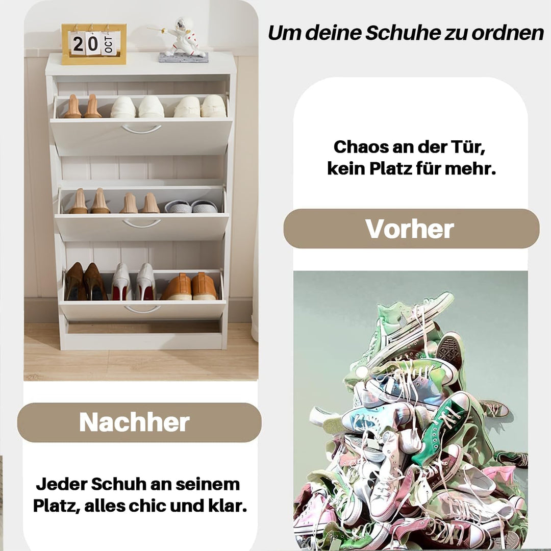 GRAVFORCE Schuhschrank 3 Klappen, Eingangsbereich, Weiss schmaler Schuhschrank Flip Down Schuhregal
