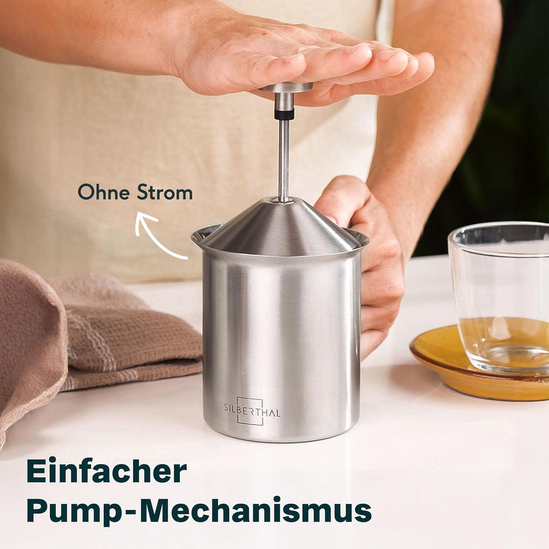SILBERTHAL Milchaufschäumer Manuell Edelstahl - 400ml - Perfekter Milchschaum dank doppeltem Sieb un
