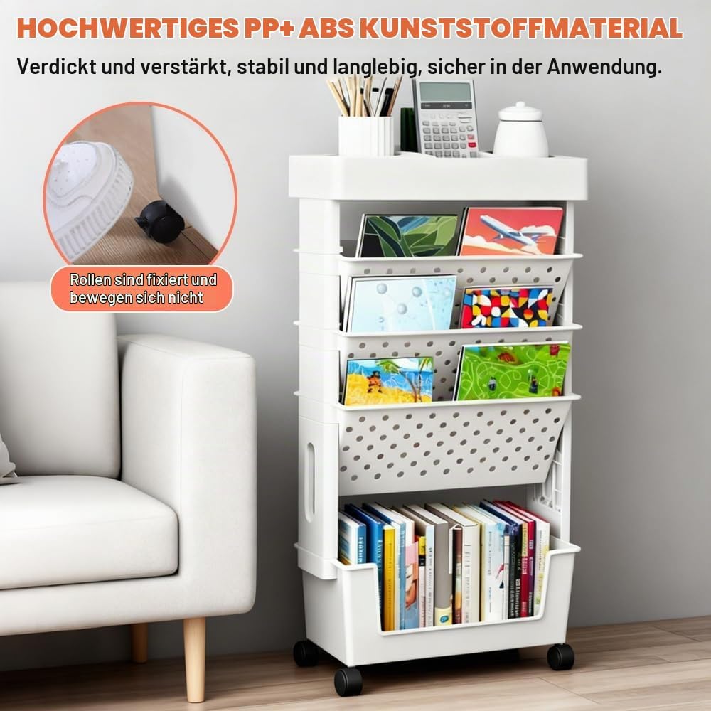 5 Ebenen Mobiler Bücherwagen Klein Bücherregal Kinder mit Rollen Bastelwagen Rollwagen schmal Bücher