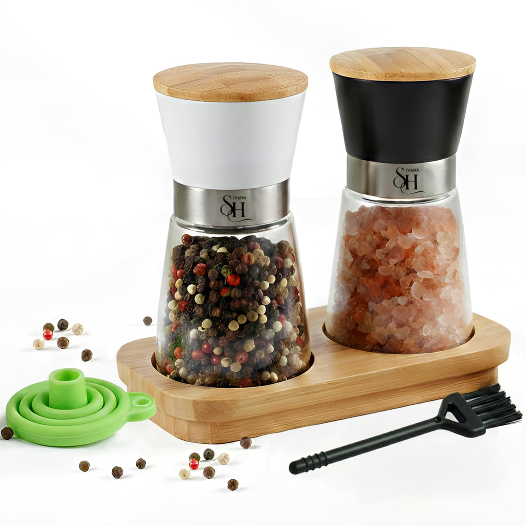 SHIVANA Salz und Pfeffermühle Set aus Glas & Bambus – 2er Gewürzmühlen Set mit Keramikmahlwerk – Man