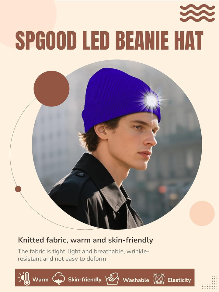 SPGOOD LED Beanie Beleuchtete Mütze mit Licht,Wiederaufladbare USB Winter Warm LED Mütze mit Licht,L