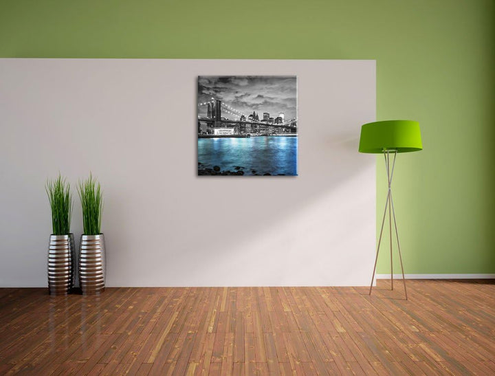 Pixxprint New York Skyline am Abend schwarz/weiss, Format: 70x70 auf Leinwand, 70x70