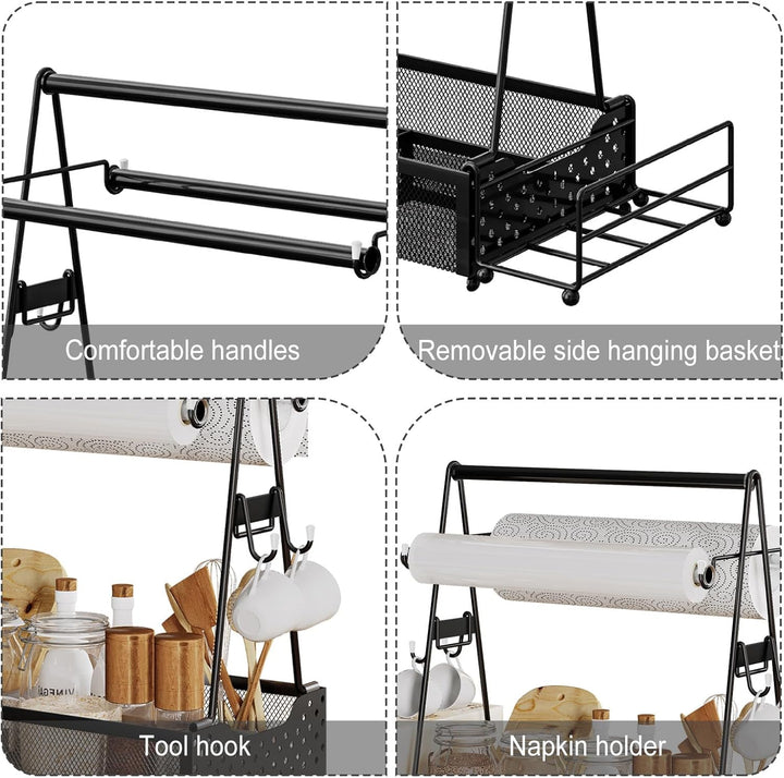 Grill Caddy für Camping,Picknick & Outdoor Edelstahl Campingzubehör Organizer,Schwarz Metall Tassens