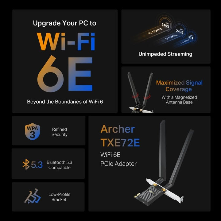 TP-Link Archer TXE72E AXE5400 Wi-Fi 6E Bluetooth 5.3 PCIe Adapter(6 GHz 2402 Mbps,5 GHz 2402 Mbps,2.