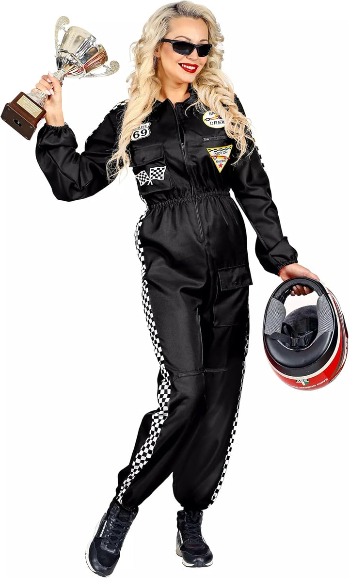 Widmann Rennfahrer Kostüm Overall Jumpsuit schwarz Anzug exklusiv (Damen Overall, Small) Schwarz S,