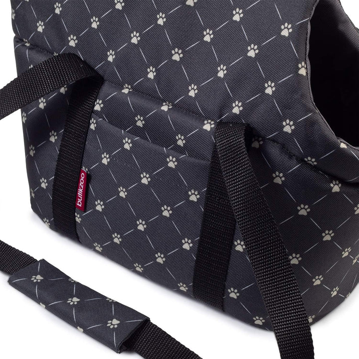 Hundetasche, Welpentasche - Schwarz/Muster: Pfoten, XS bis 3 kg - Tragetasche für kleinen und mittle