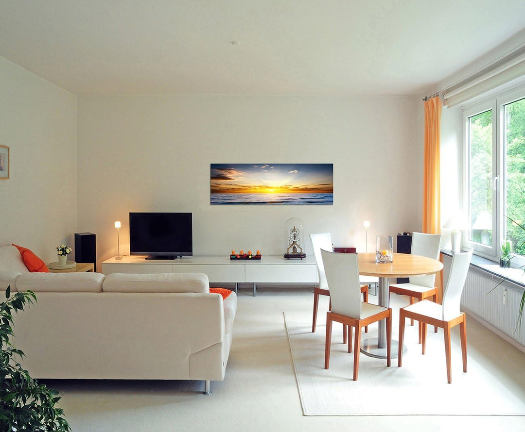 Paul Sinus Art Panoramabild auf Leinwand und Keilrahmen 150x50cm Meer Wellen Sonnenuntergang Wolken