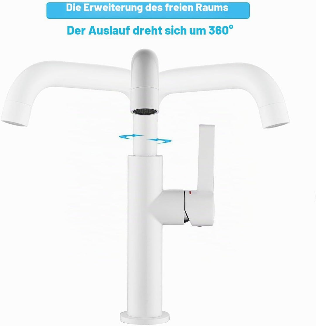 ONECE Wasserhahn Bad Hoch, 360° Drehbar Waschtischarmatur für Waschbecken White Auslaufhöhe 214 mm,