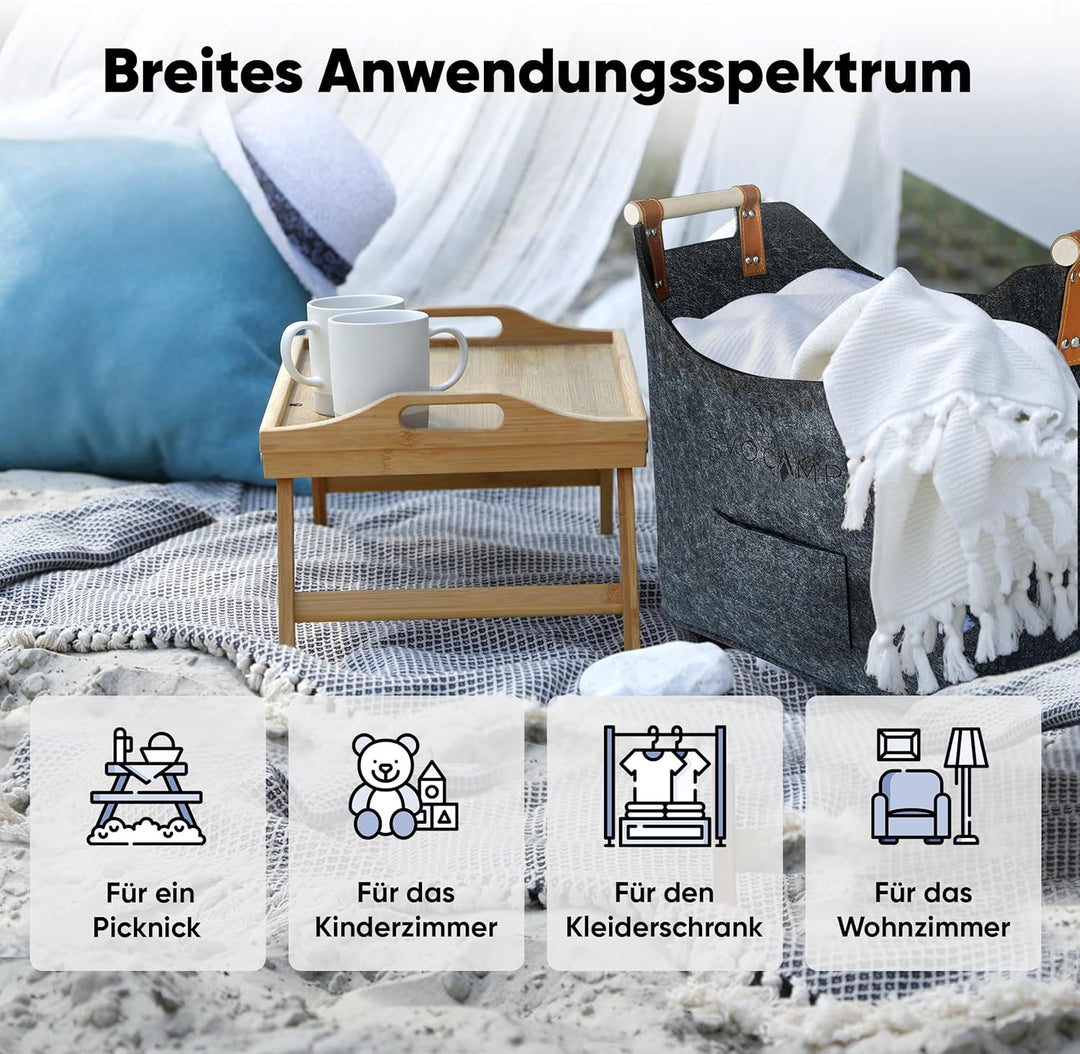 EVOCAMP Filzkorb XXL, Filztasche gross, mit Holzgriffen, Körbe Aufbewahrung, Holzkorb für Kaminholz,