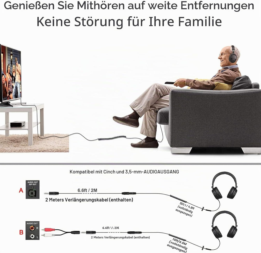 SIMOLIO TV Kopfhörer mit Langem Kabel für Fernseher, 15ft Spule Kabel Plus 6.6ft Verlängerungskabel,