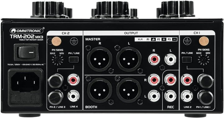 OMNITRONIC TRM-202 MK3 2-Kanal Rotary-Mixer mit 3-Band-Frequenzisolator | Gainregler, 2-Band-Equaliz