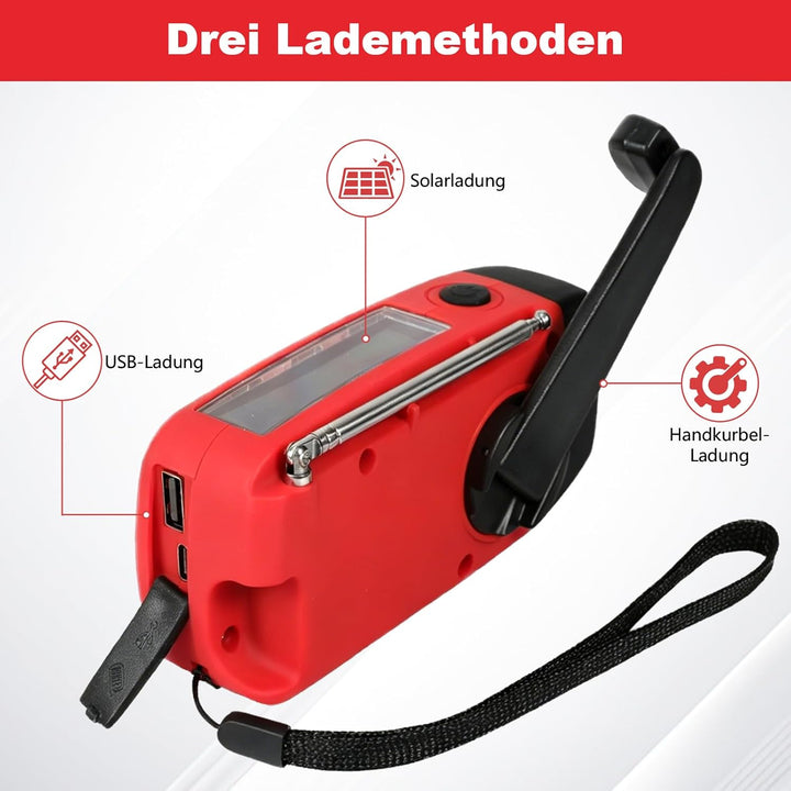 Kurbelradio,Notfallradio mit Kurbel und Solar,AM/FM/WB-Empfang,USB-Ladefunktion,LED-Beleuchtung,IP3X