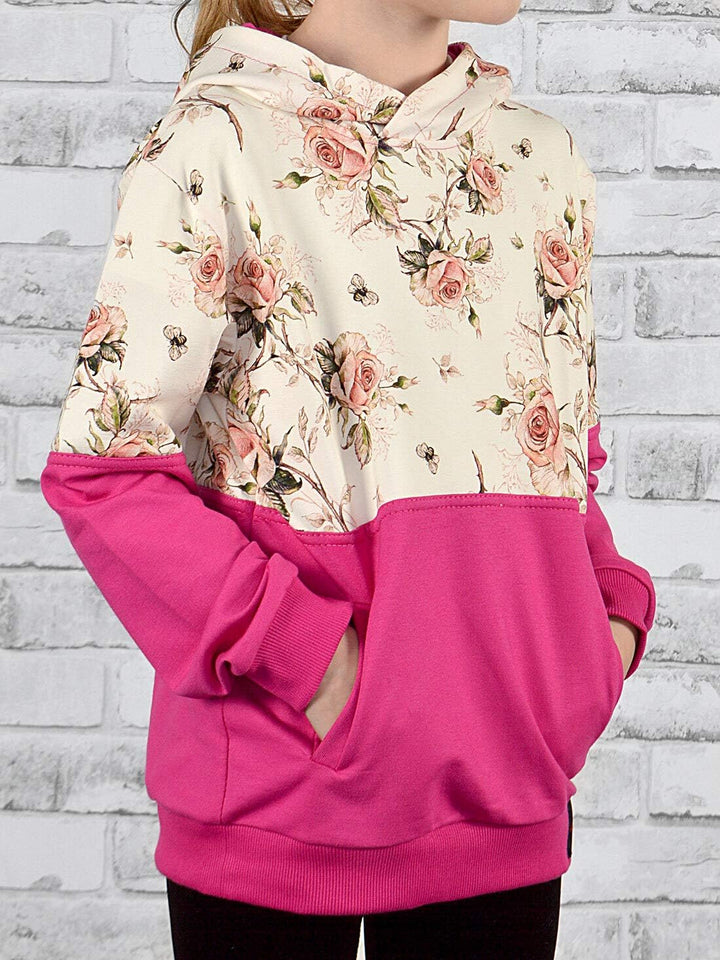 KMISSO Mädchen Hoodie mit Rosenmuster Kapuzenpullover Kinder Sweater Blumen Floral – Zweifarbig, Bau
