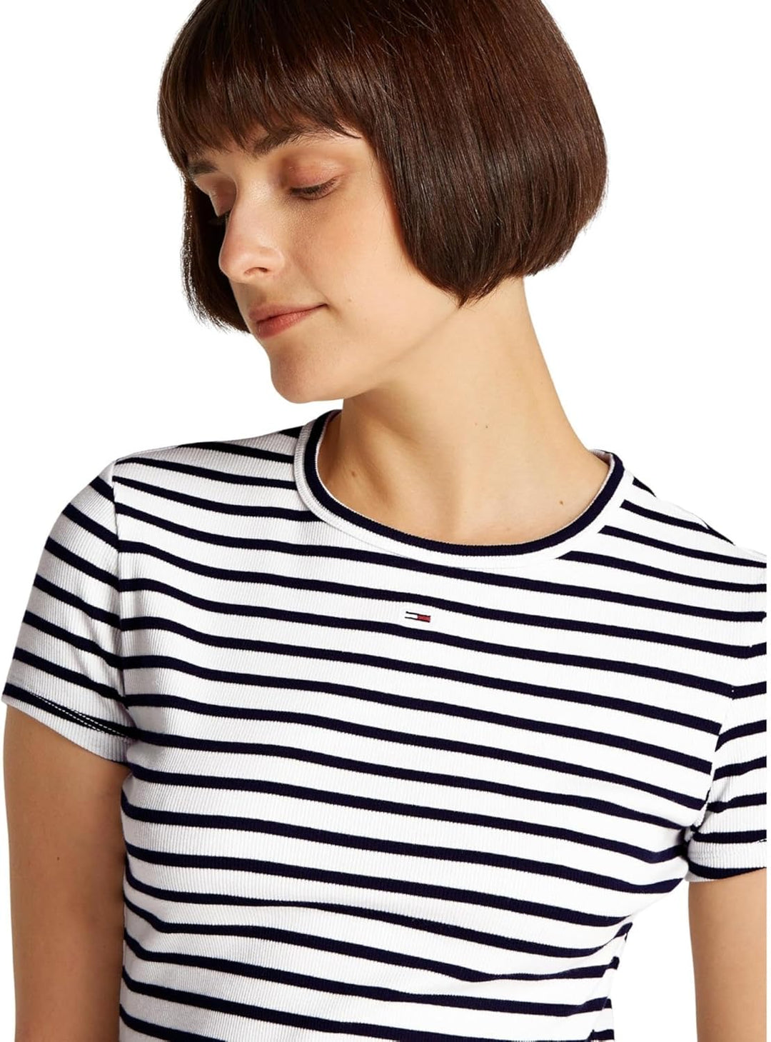 Tommy Jeans Damen T-Shirt Kurzarm Essential Rib Slim Fit XXS Blue (Dark Night Navy / Stripe), XXS Bl