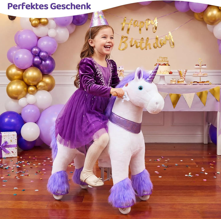 PonyCycle Einhorn zum Reiten für Kinder 3–4 Jahre, 76cm Hoch, Plüsch Einhorn auf Rollen mit Handbrem