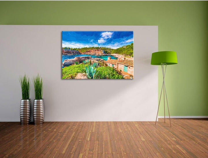 Pixxprint Ferienhaus an der spanischen Küste als Leinwandbild/Grösse: 100x70 cm/Wandbild/Kunstdruck/